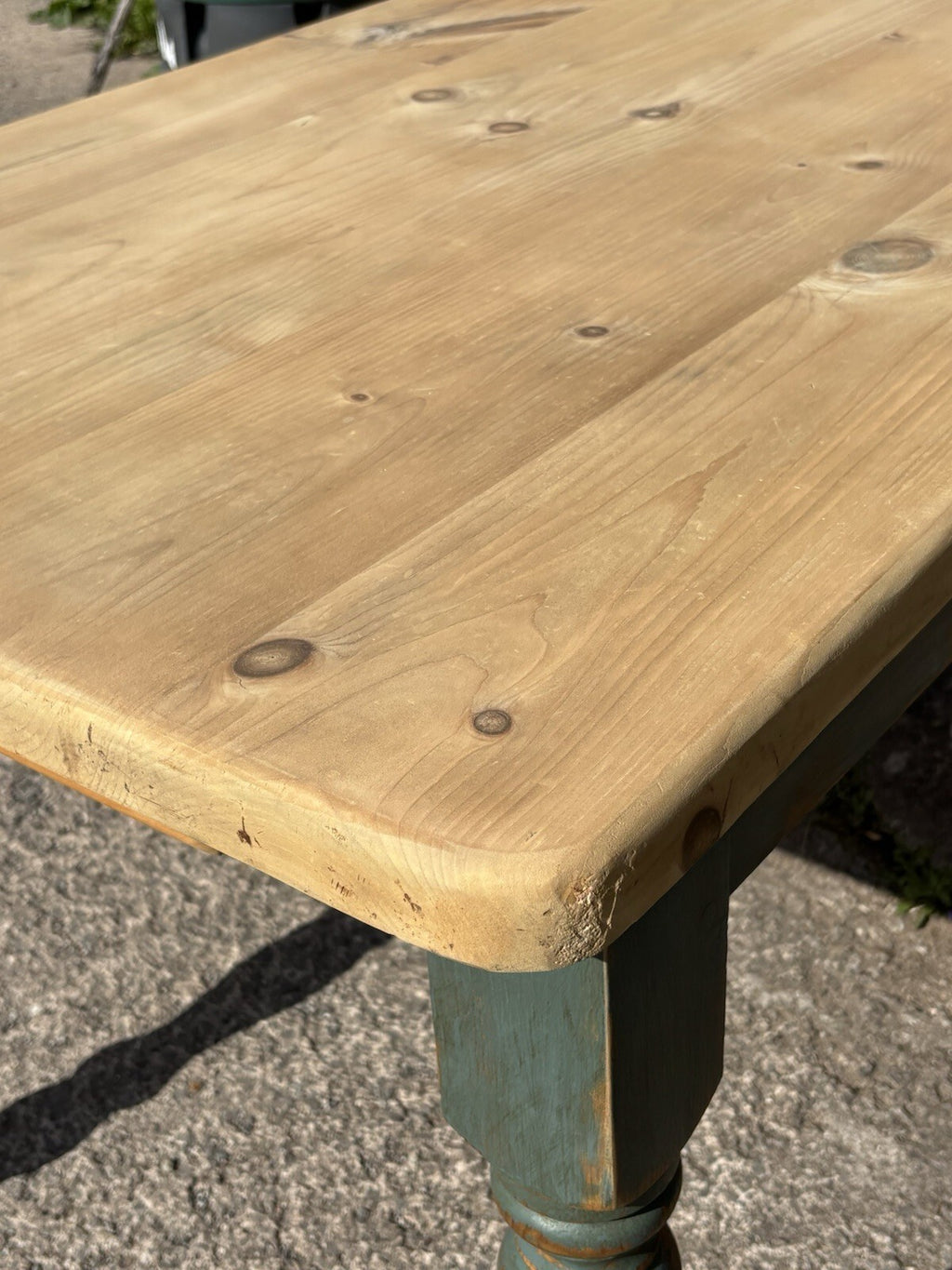 Pine Kitchen Table With Worn Painted Legs - Farmhouse - Cottage