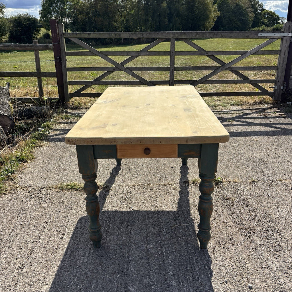 Pine Kitchen Table With Worn Painted Legs - Farmhouse - Cottage