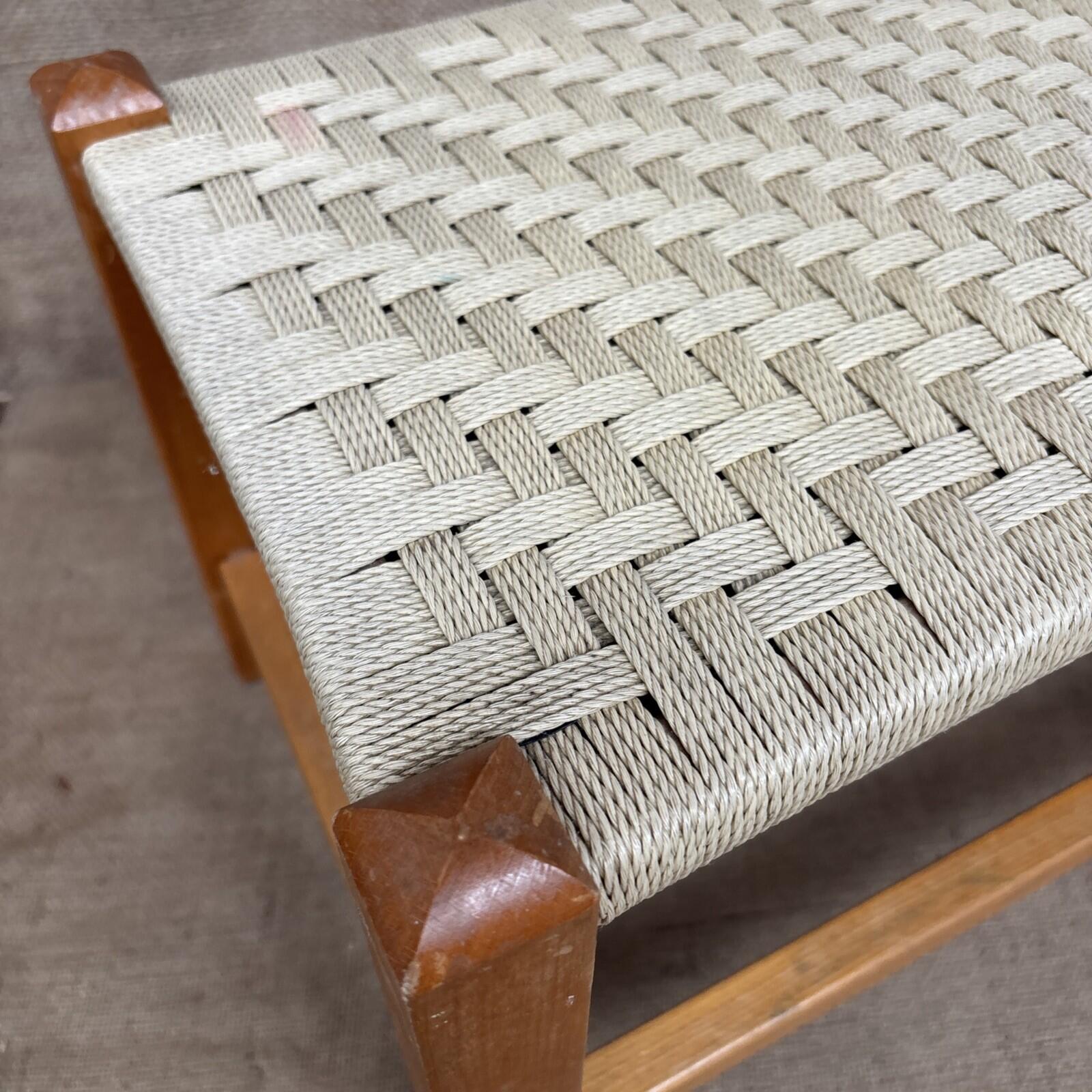 Vintage Wooden Long Stool - Woven Wicker Rope Seat Footstool FootRest 58x28x30cm