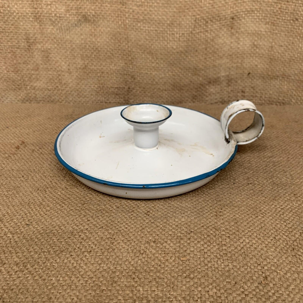 Rustic Candle Stick Holder Enamel White & Blue  / Farmhouse / Cottage
