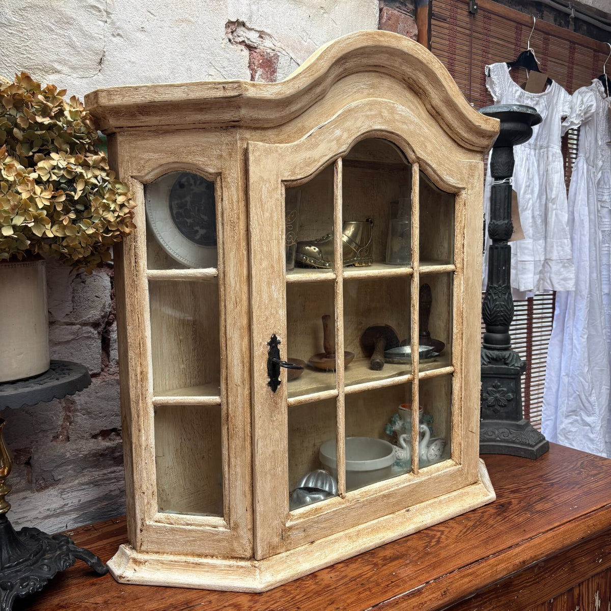 Painted Wooden Wall Display Cabinet Glazed Curio Cupboard Vintage