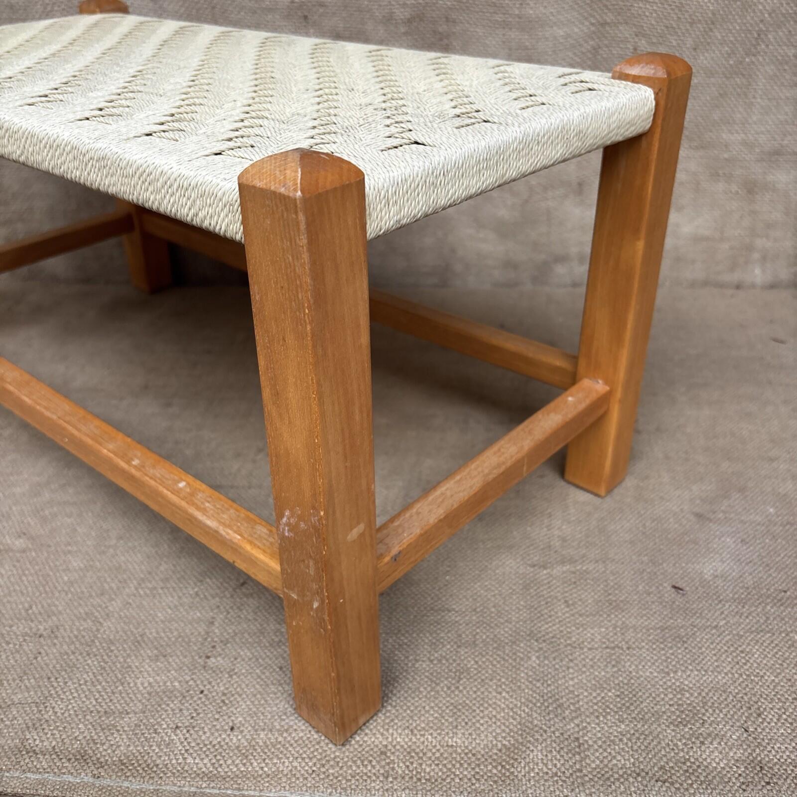 Vintage Wooden Long Stool - Woven Wicker Rope Seat Footstool FootRest 58x28x30cm