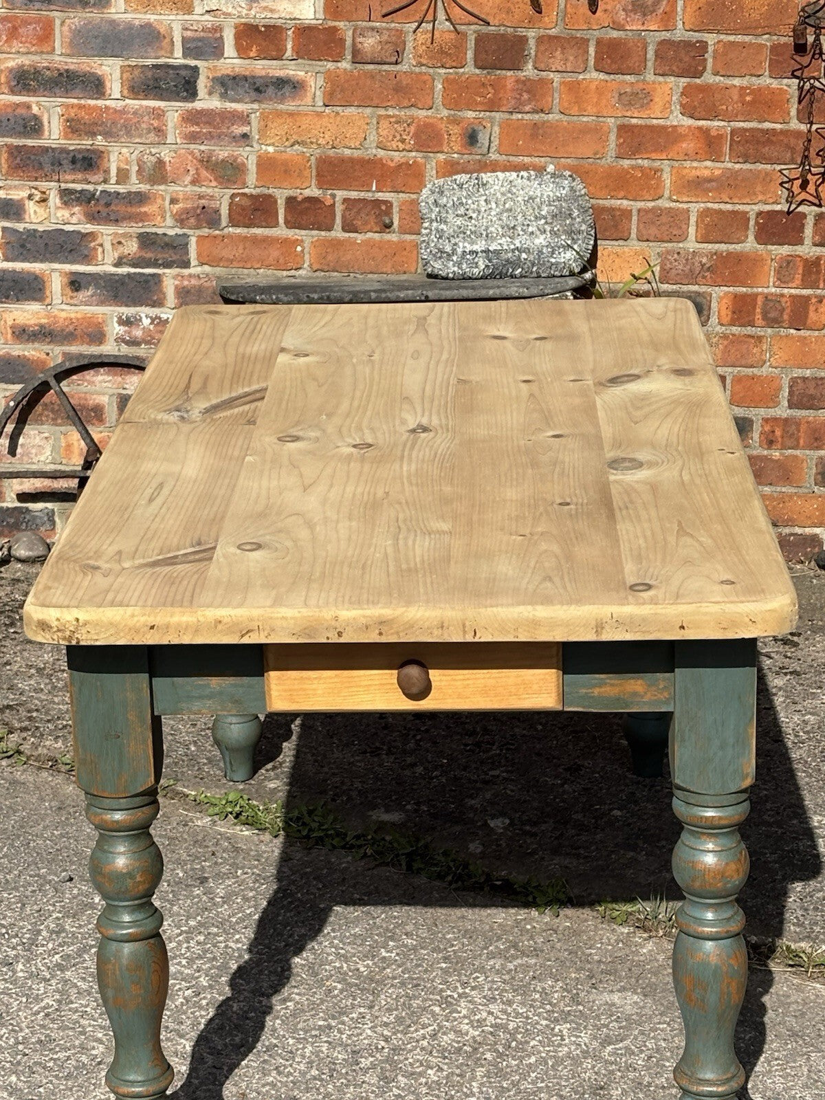 Pine Kitchen Table With Worn Painted Legs - Farmhouse - Cottage