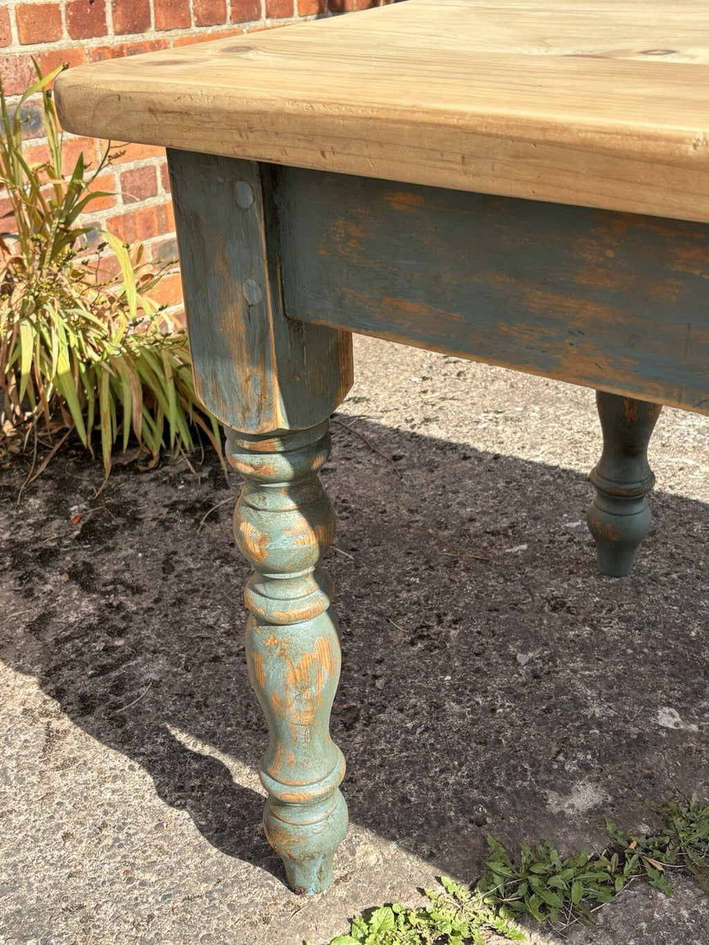 Pine Kitchen Table With Worn Painted Legs - Farmhouse - Cottage