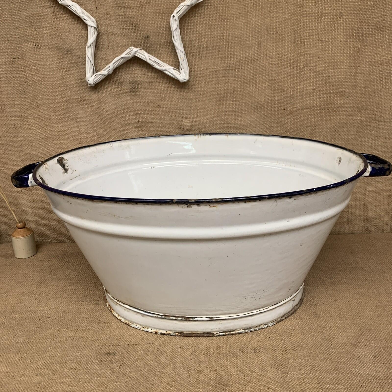 Vintage White Enamel Large Bath Planter With Handles - Farmhouse Cottage