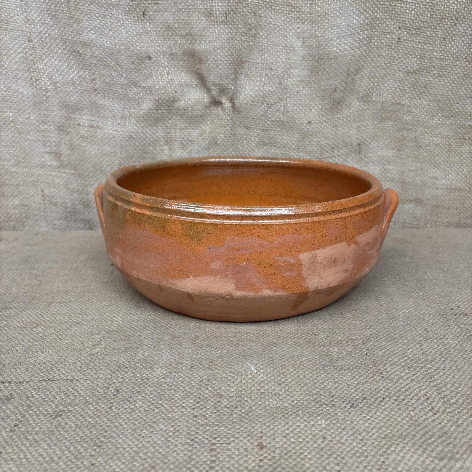 Large Terracotta Serving Bowl With Handles - Half Glazed - Vintage