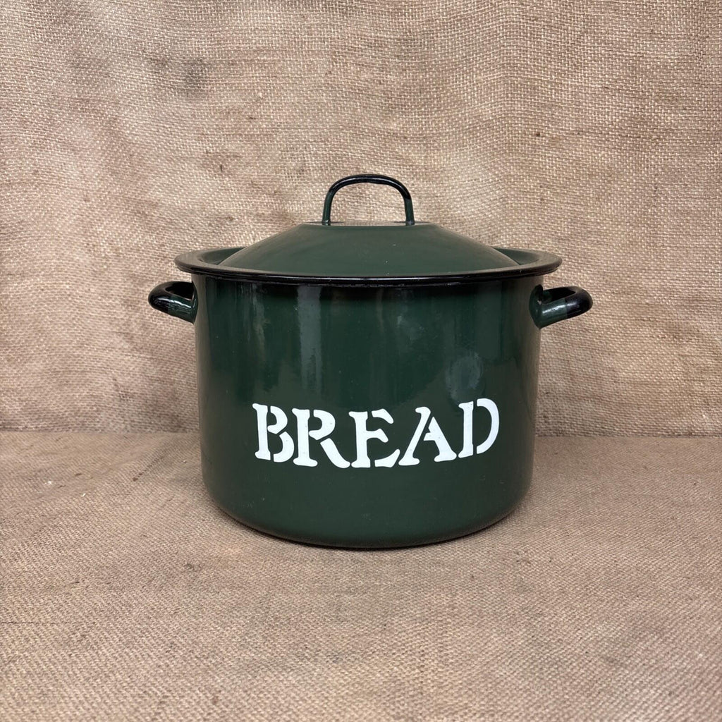 Vintage Polish Green & White Enamel Round Bread Bin with Handles Kitchenalia