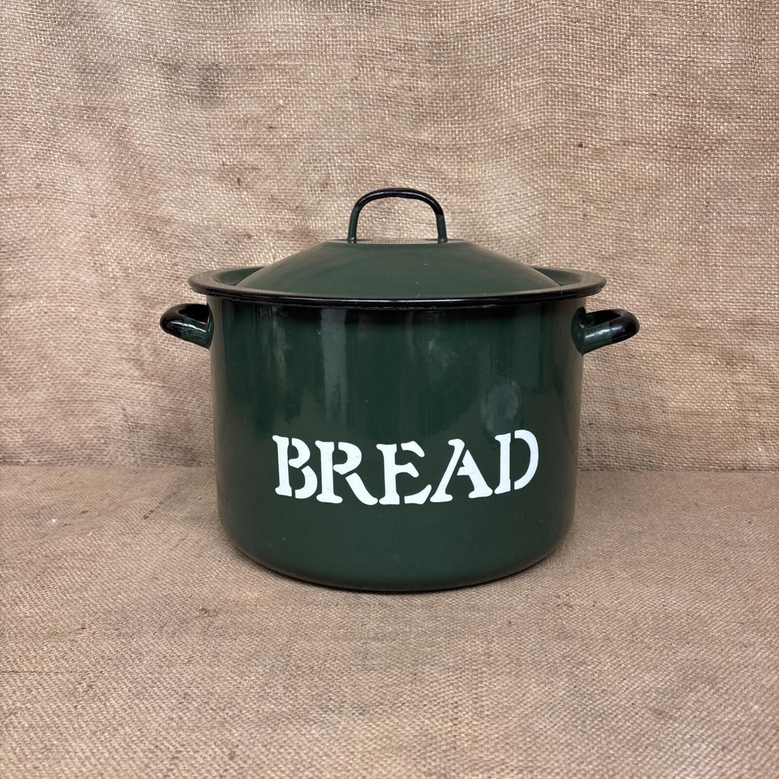 Vintage Polish Green & White Enamel Round Bread Bin with Handles Kitchenalia