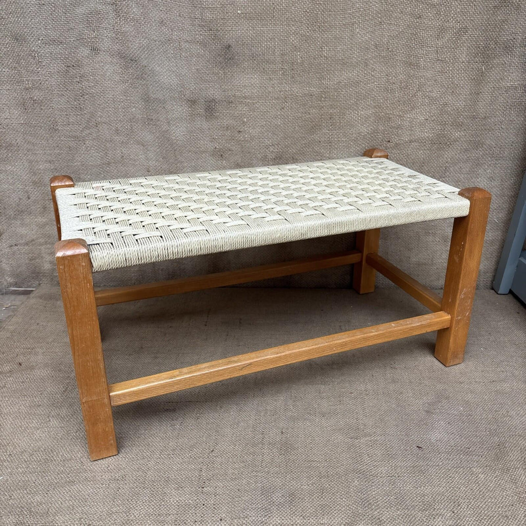 Vintage Wooden Long Stool - Woven Wicker Rope Seat Footstool FootRest 58x28x30cm