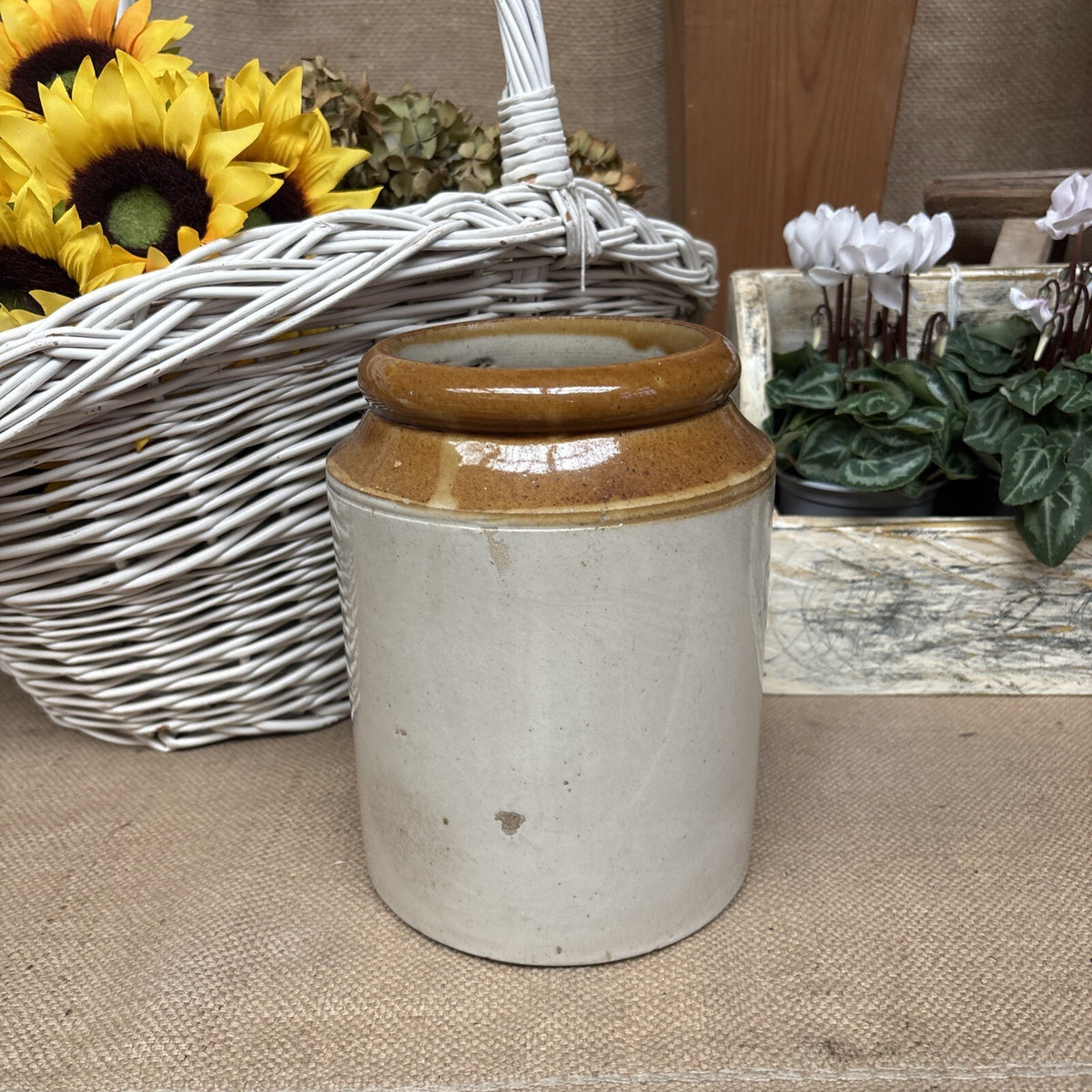 Vintage Stoneware Jar / Utensil Holder /  Two Tone Farmhouse Kitchen