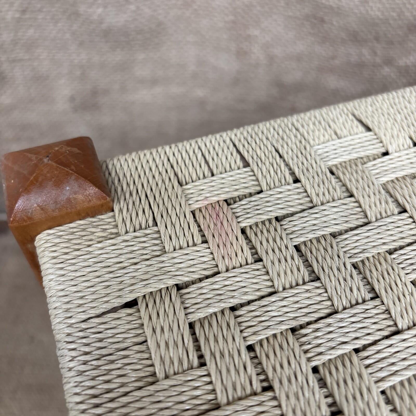 Vintage Wooden Long Stool - Woven Wicker Rope Seat Footstool FootRest 58x28x30cm
