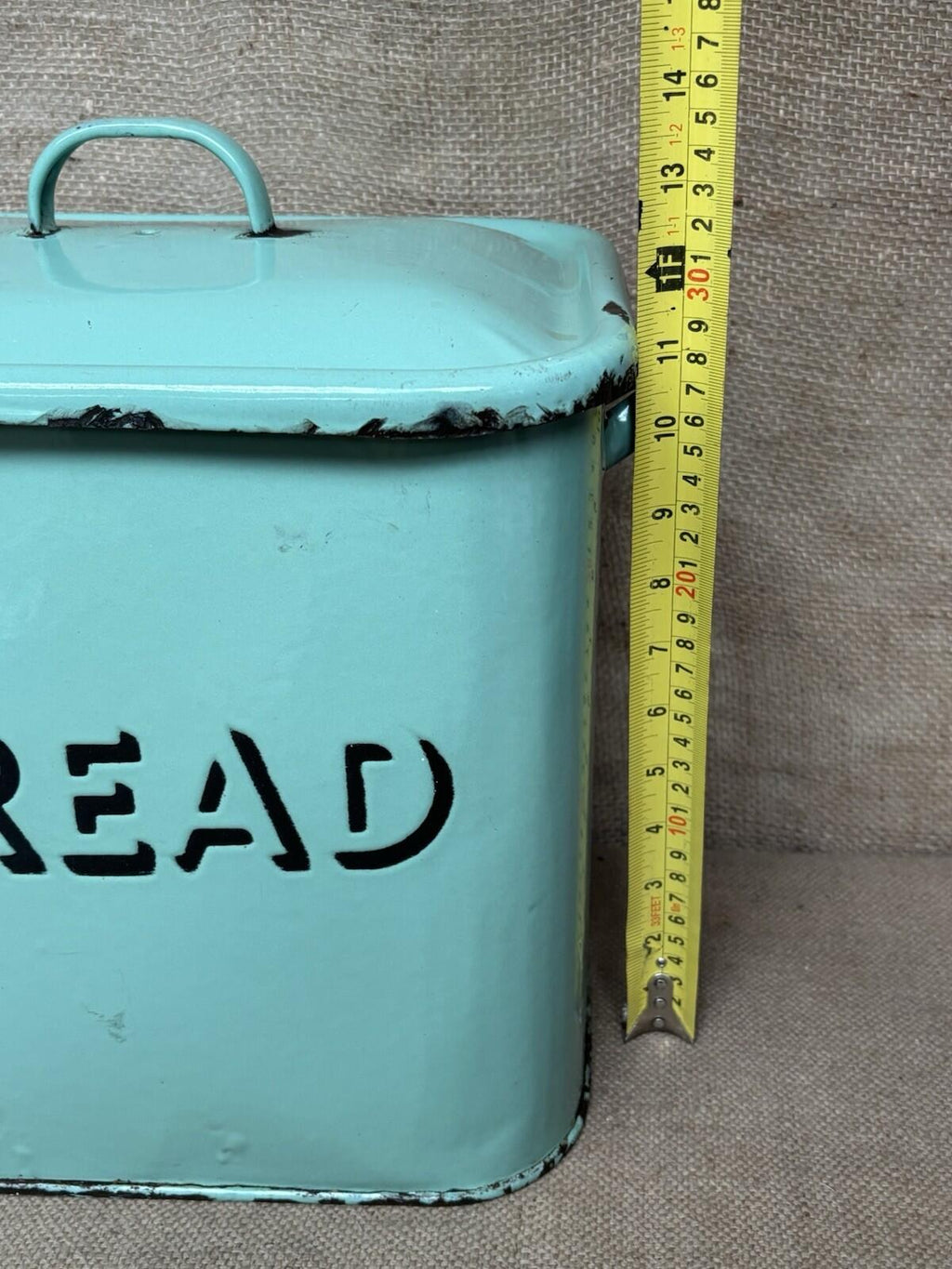 Vintage Enamel Sage Green Bread Bin - Farmhouse - Cottage - Rustic - Embossed