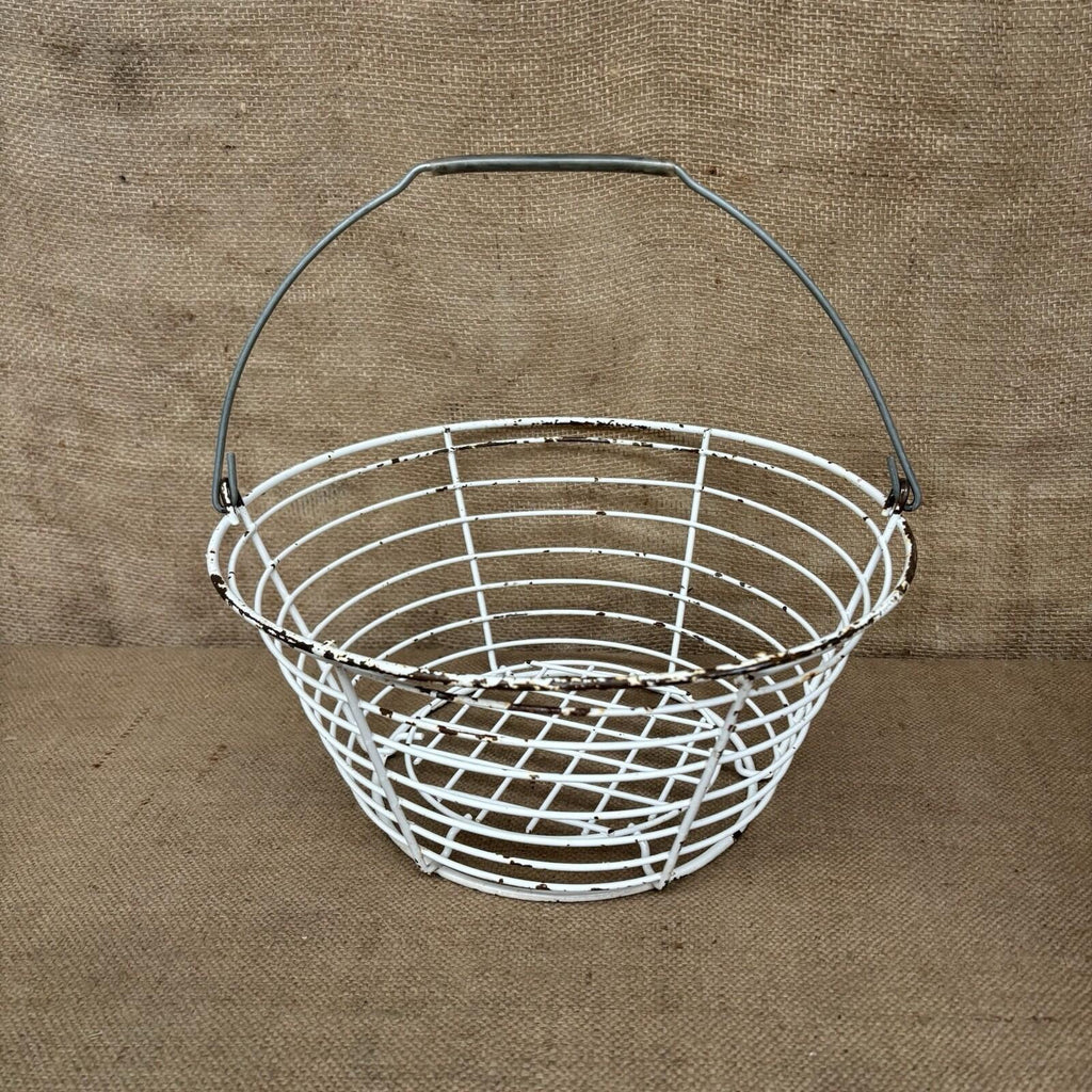 Wire Basket - White Worn Paint - Farmhouse Egg Basket - Cottage Garden - Vintage