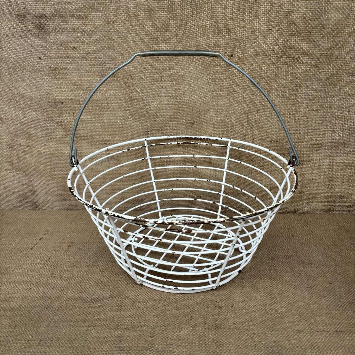 Wire Basket - White Worn Paint - Farmhouse Egg Basket - Cottage Garden - Vintage