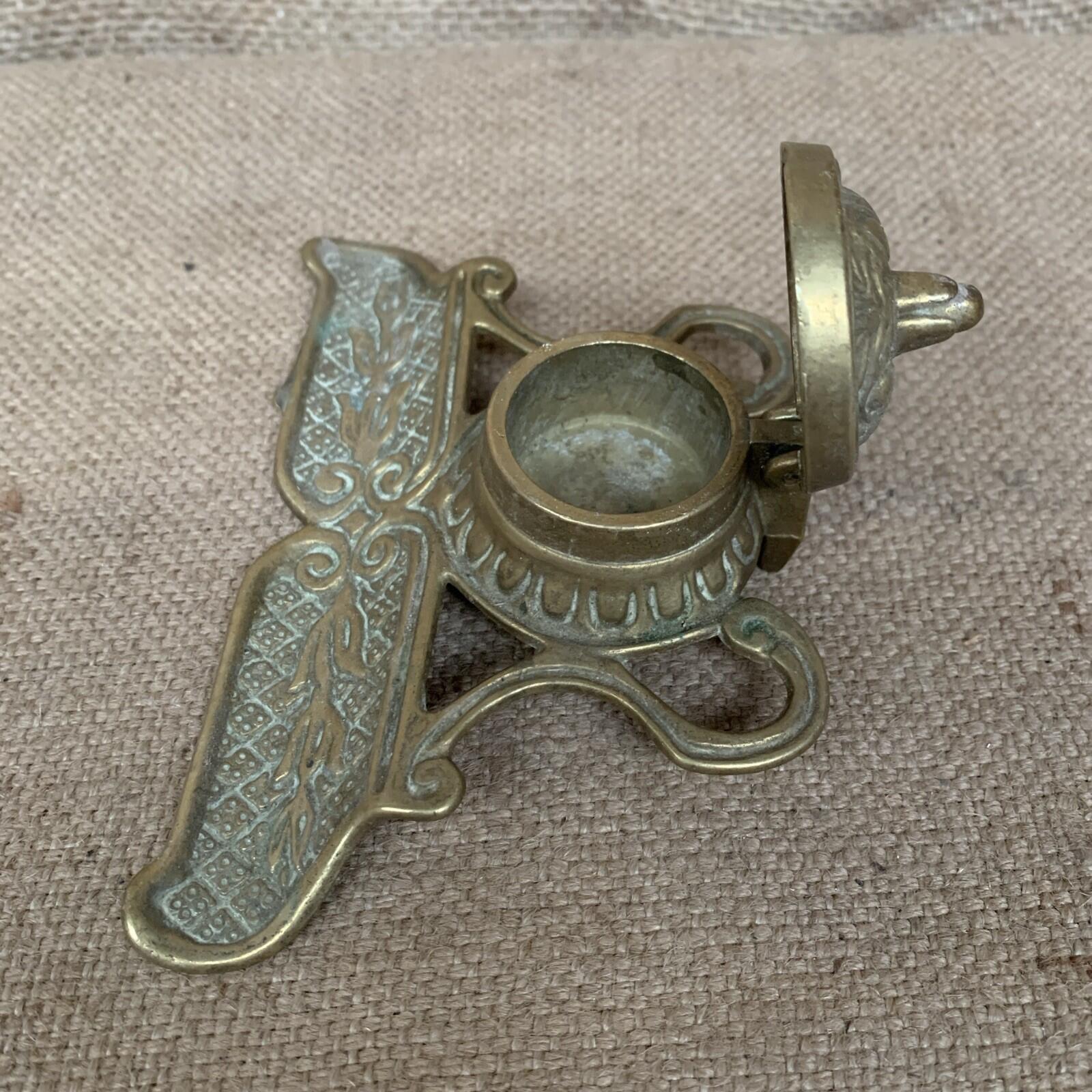 Art Nouveau Cast Brass Inkwell Pen Tray Vintage