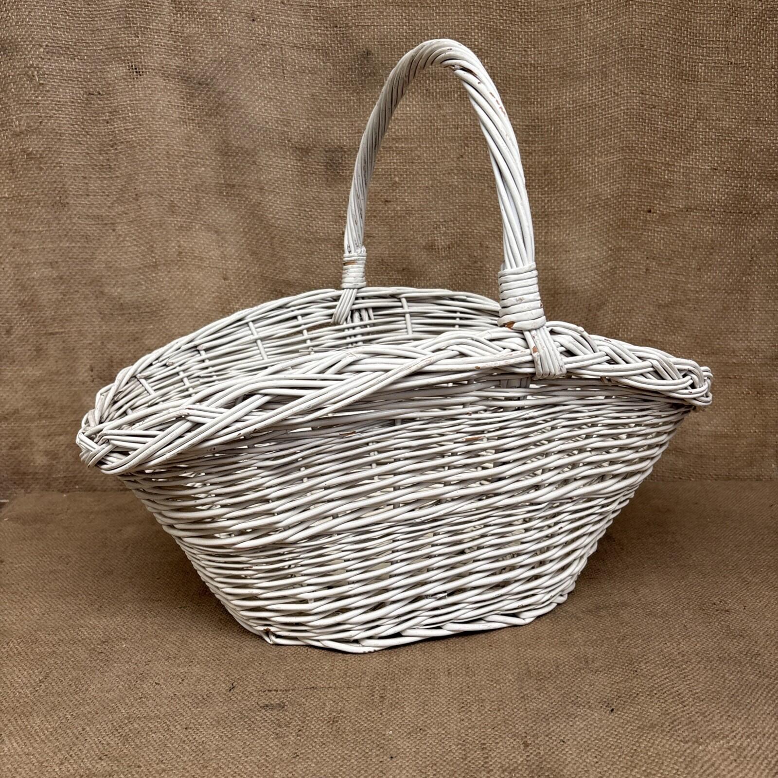 Vintage Wicker Flower Basket - Farmhouse - Cottage - Chippy White - Large