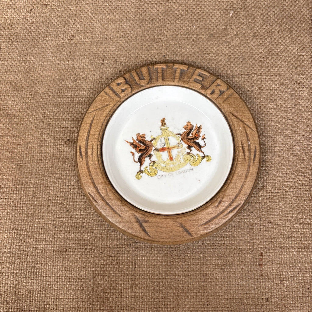Antique Carved Wooden Butter Dish With City Of London Inner - Kitchenalia