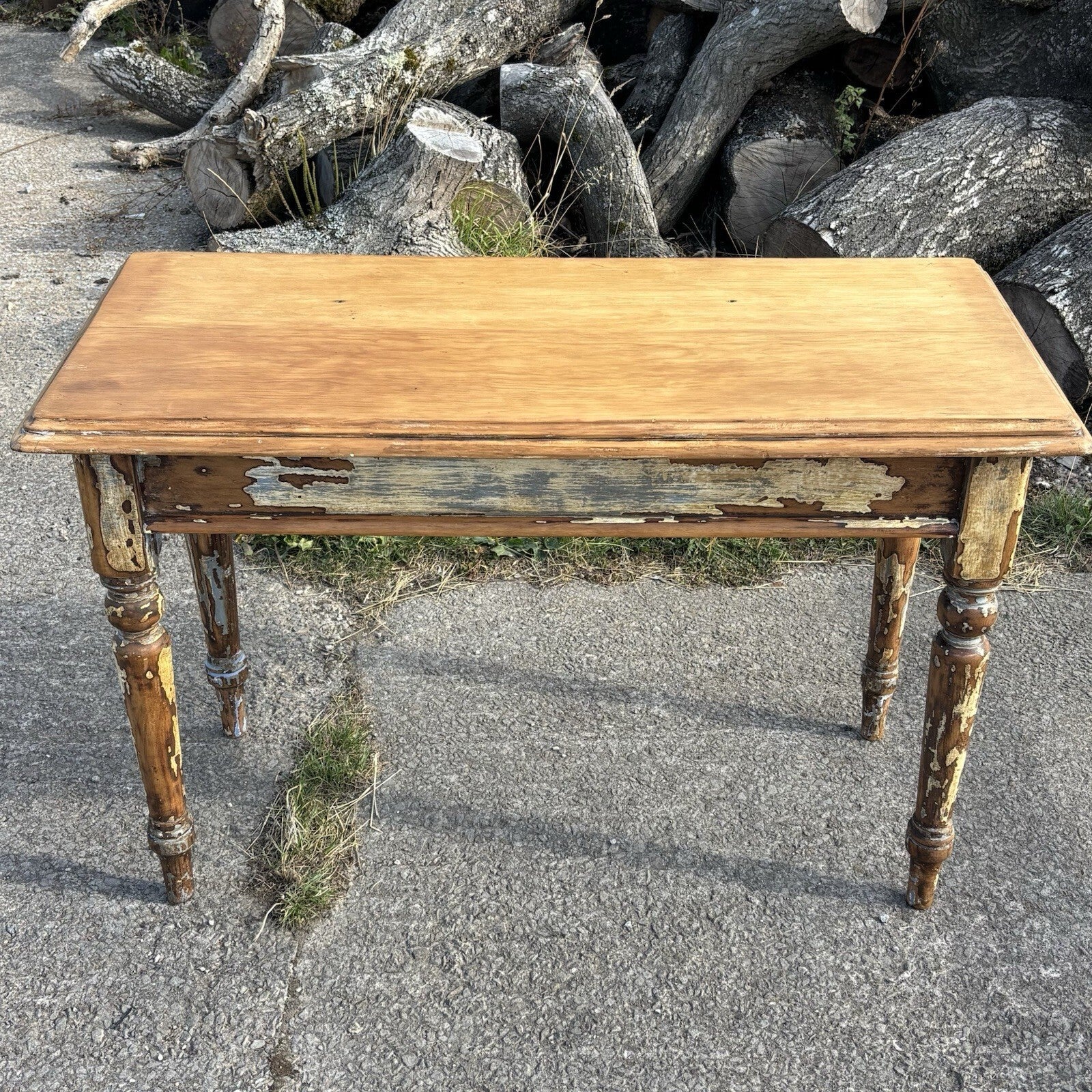 Antique Hallway Table With Worn Paint And Waxed Finish