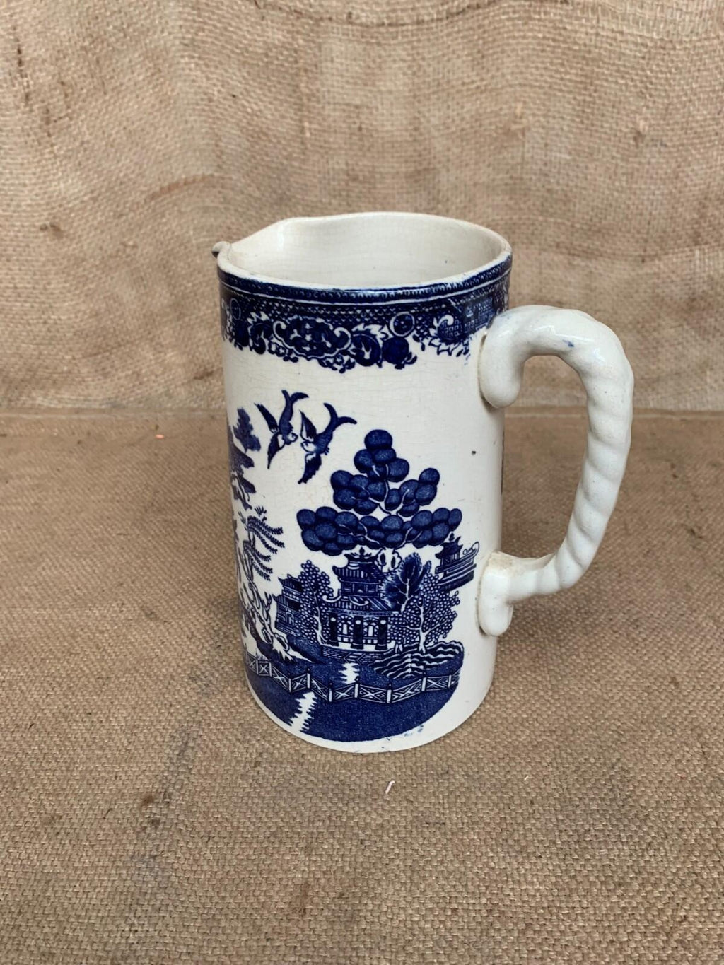 Blue & White Willow Pattern Jug with Twisted Handle