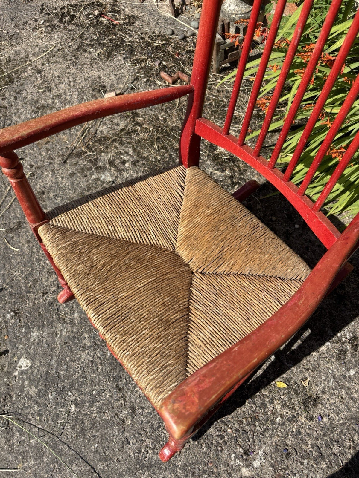 Antique Rocking Chair - Worn Red Paint & Rush Seat