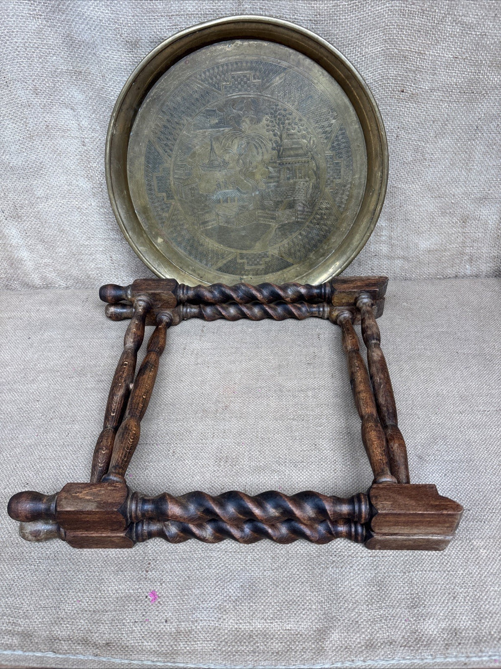 Vintage Barley Twist Folding Table With Brass Tray Top