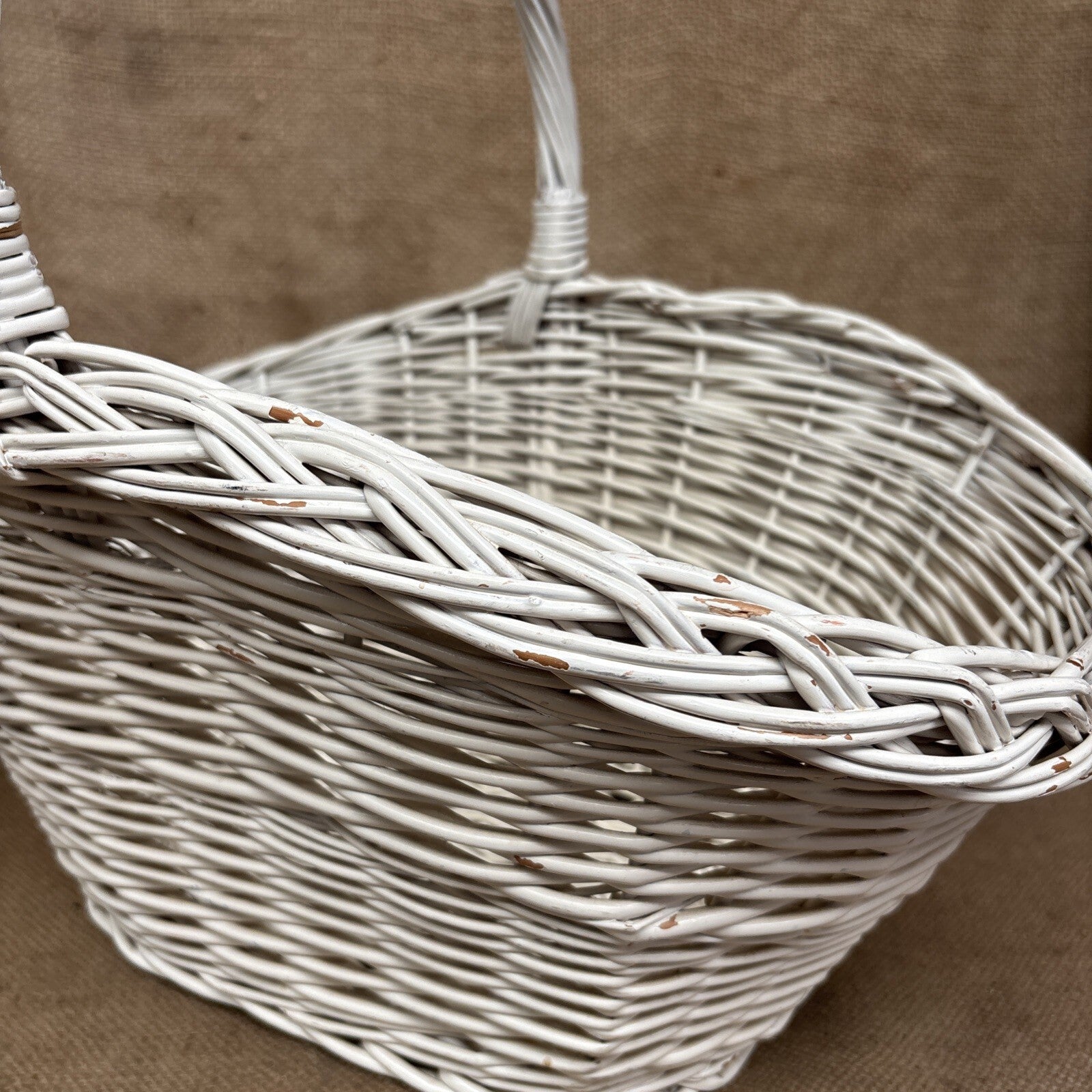 Vintage Wicker Flower Basket - Farmhouse - Cottage - Chippy White - Large