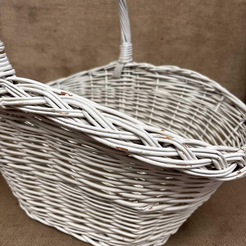 Vintage Wicker Flower Basket - Farmhouse - Cottage - Chippy White - Large