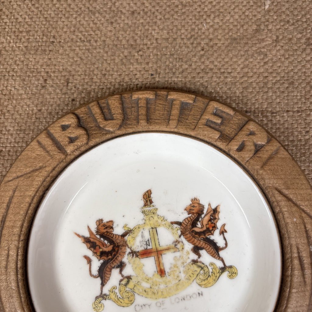 Antique Carved Wooden Butter Dish With City Of London Inner - Kitchenalia