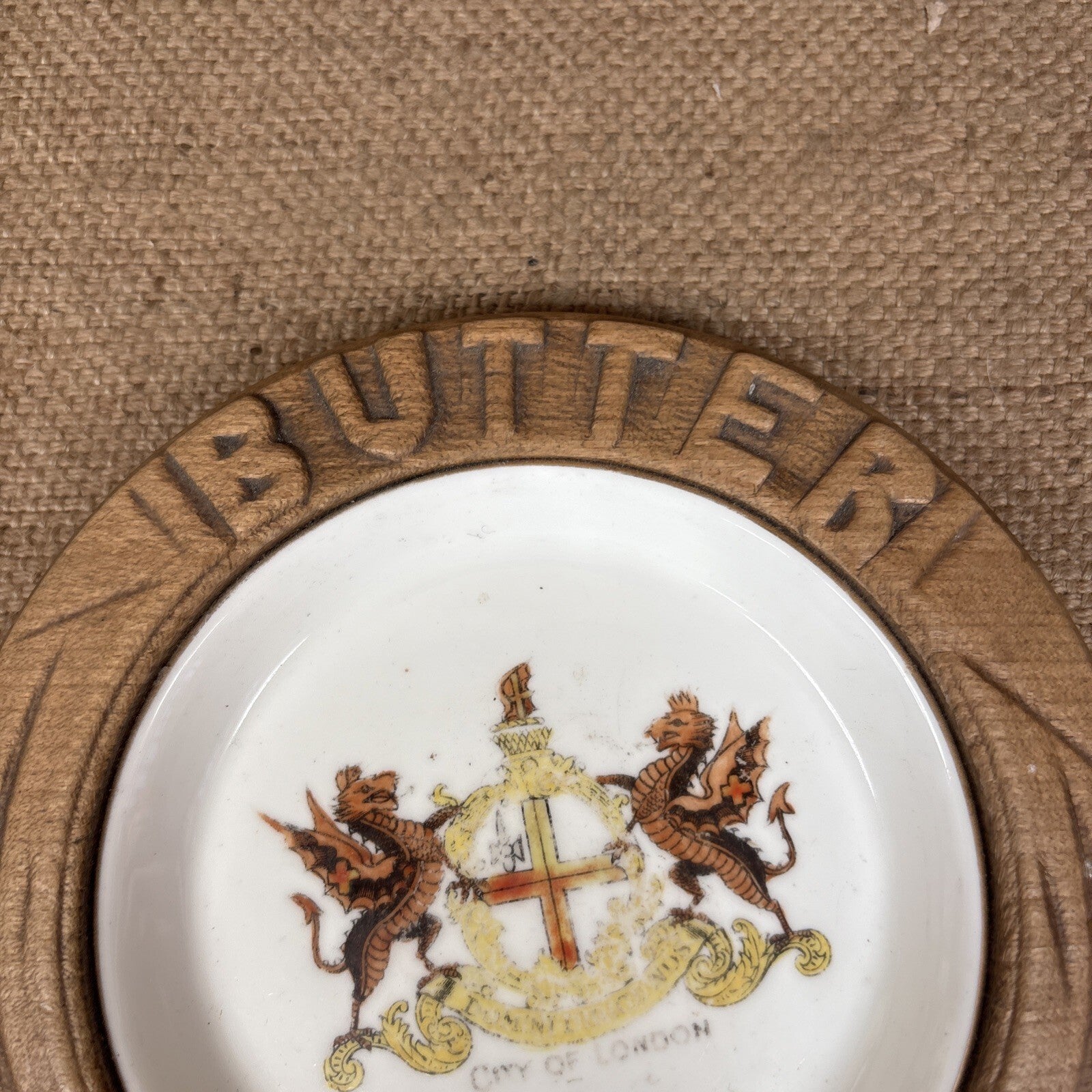 Antique Carved Wooden Butter Dish With City Of London Inner - Kitchenalia