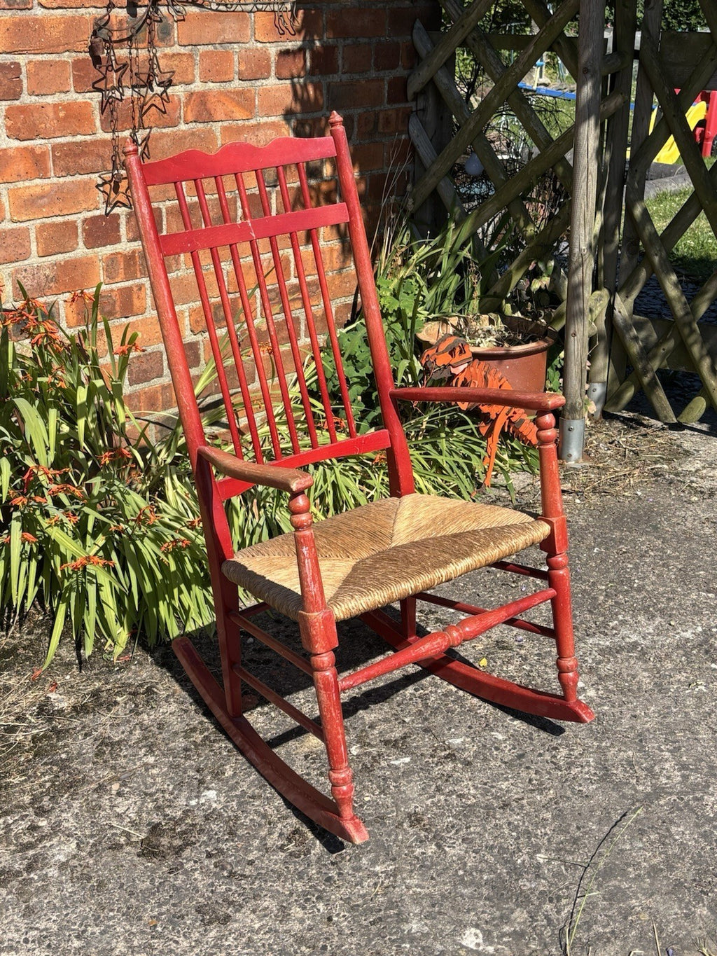 Antique Rocking Chair - Worn Red Paint & Rush Seat
