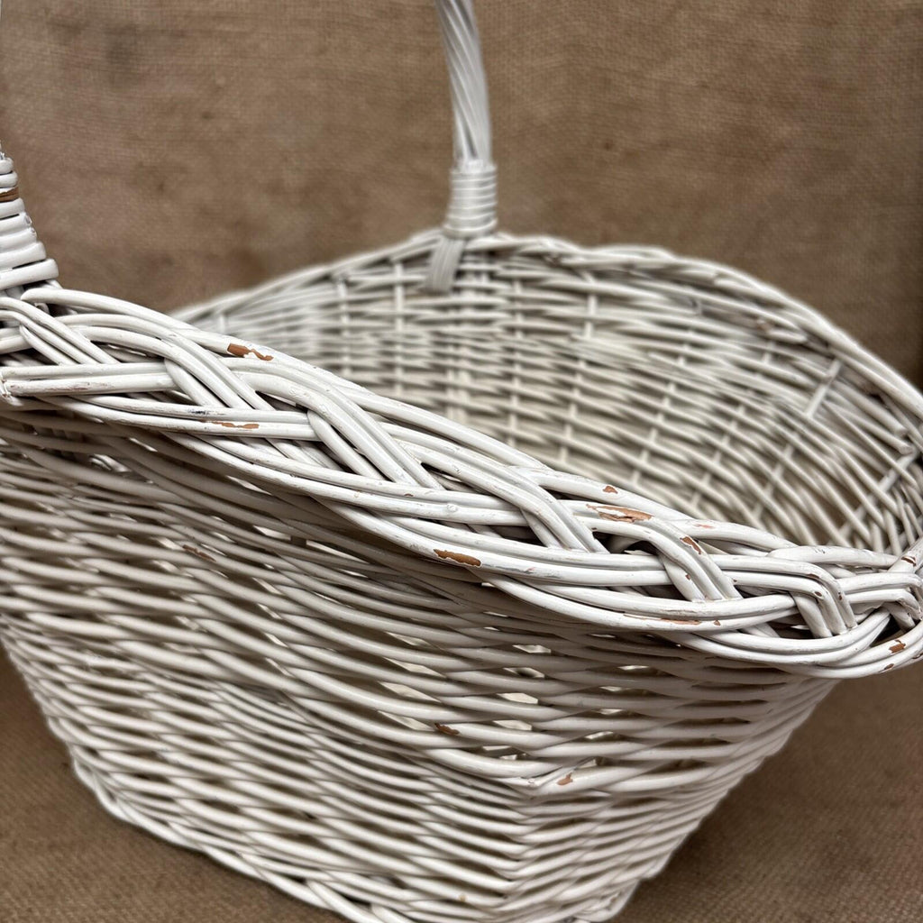 Vintage Wicker Flower Basket - Farmhouse - Cottage - Chippy White - Large