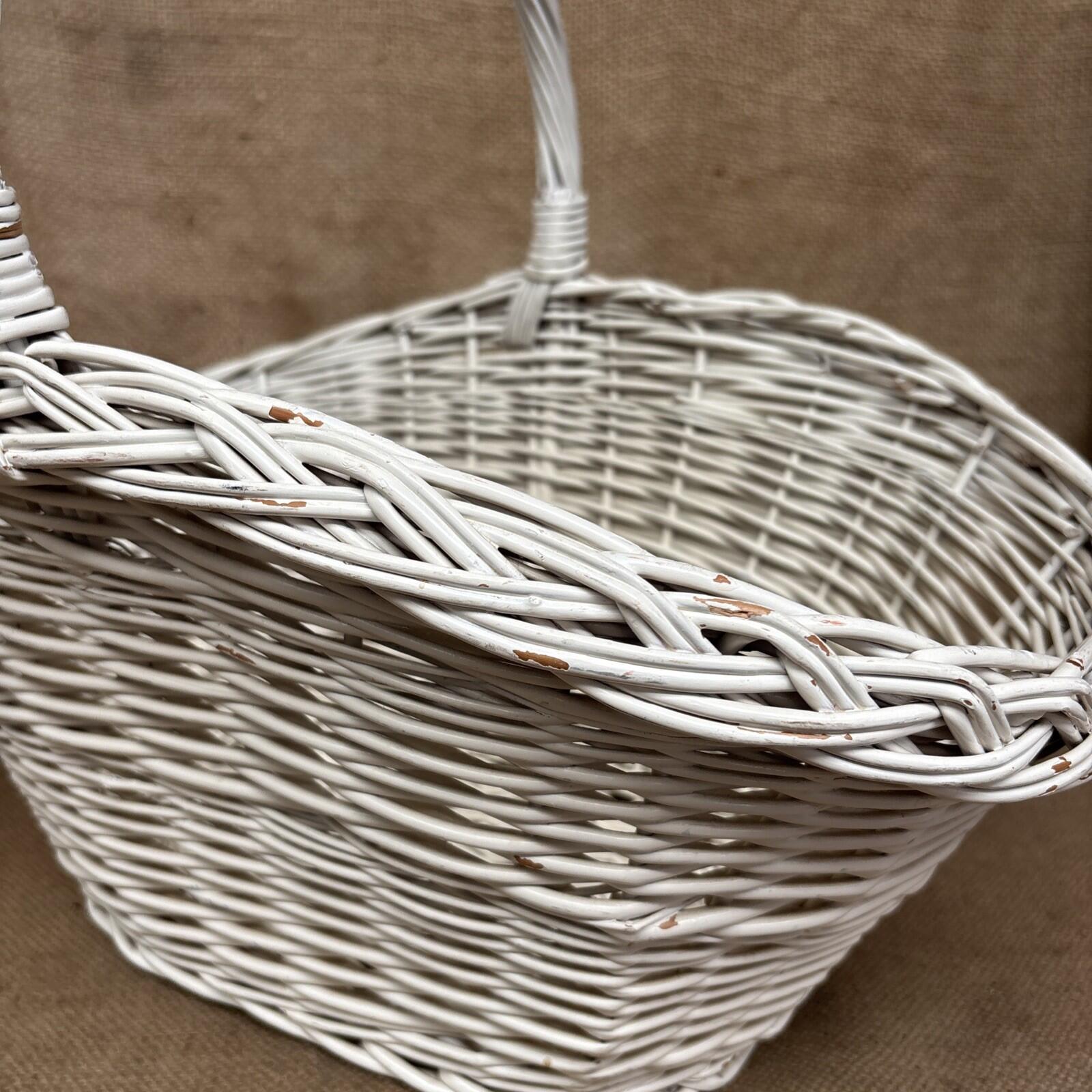 Vintage Wicker Flower Basket - Farmhouse - Cottage - Chippy White - Large