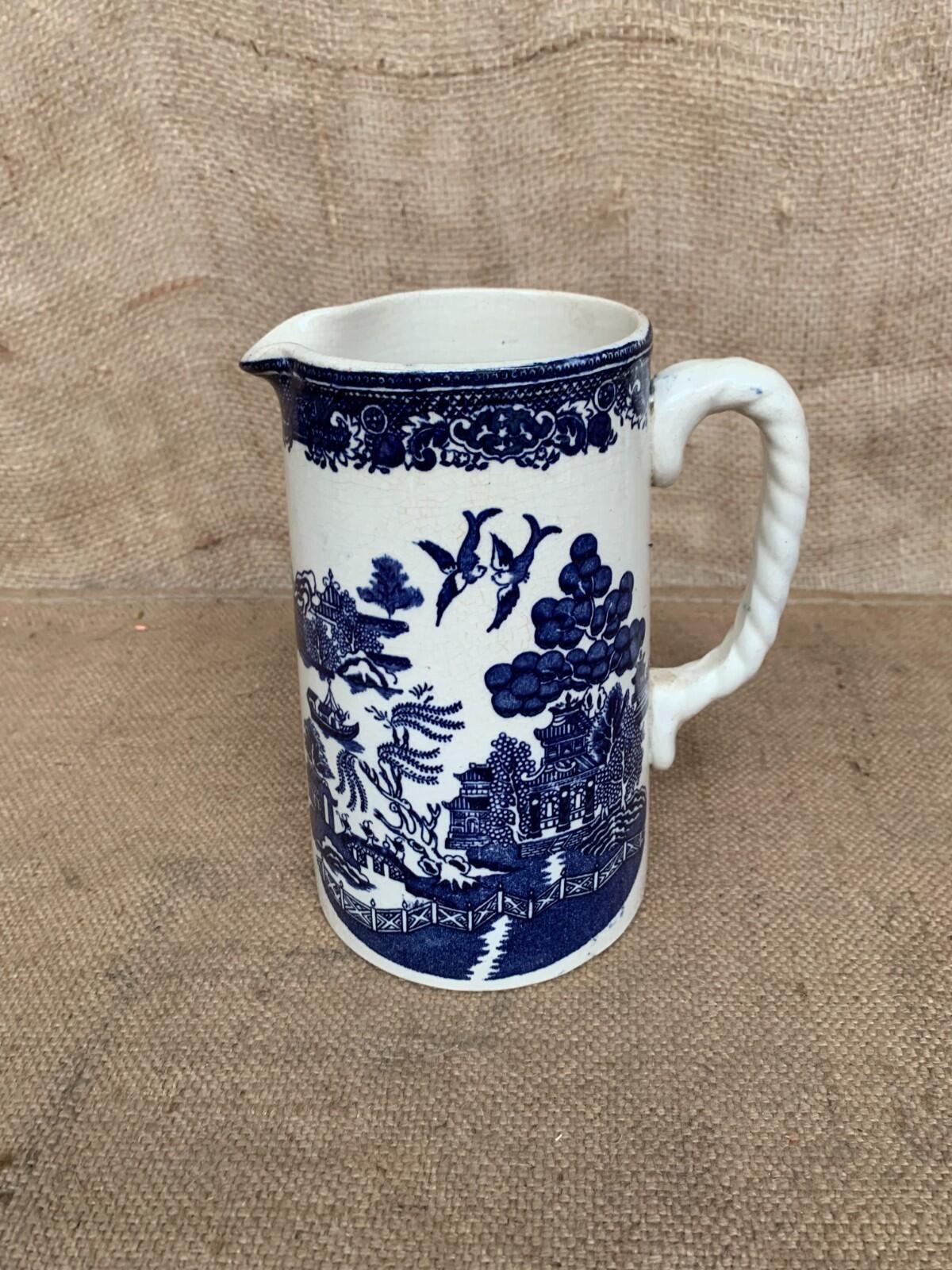 Blue & White Willow Pattern Jug with Twisted Handle