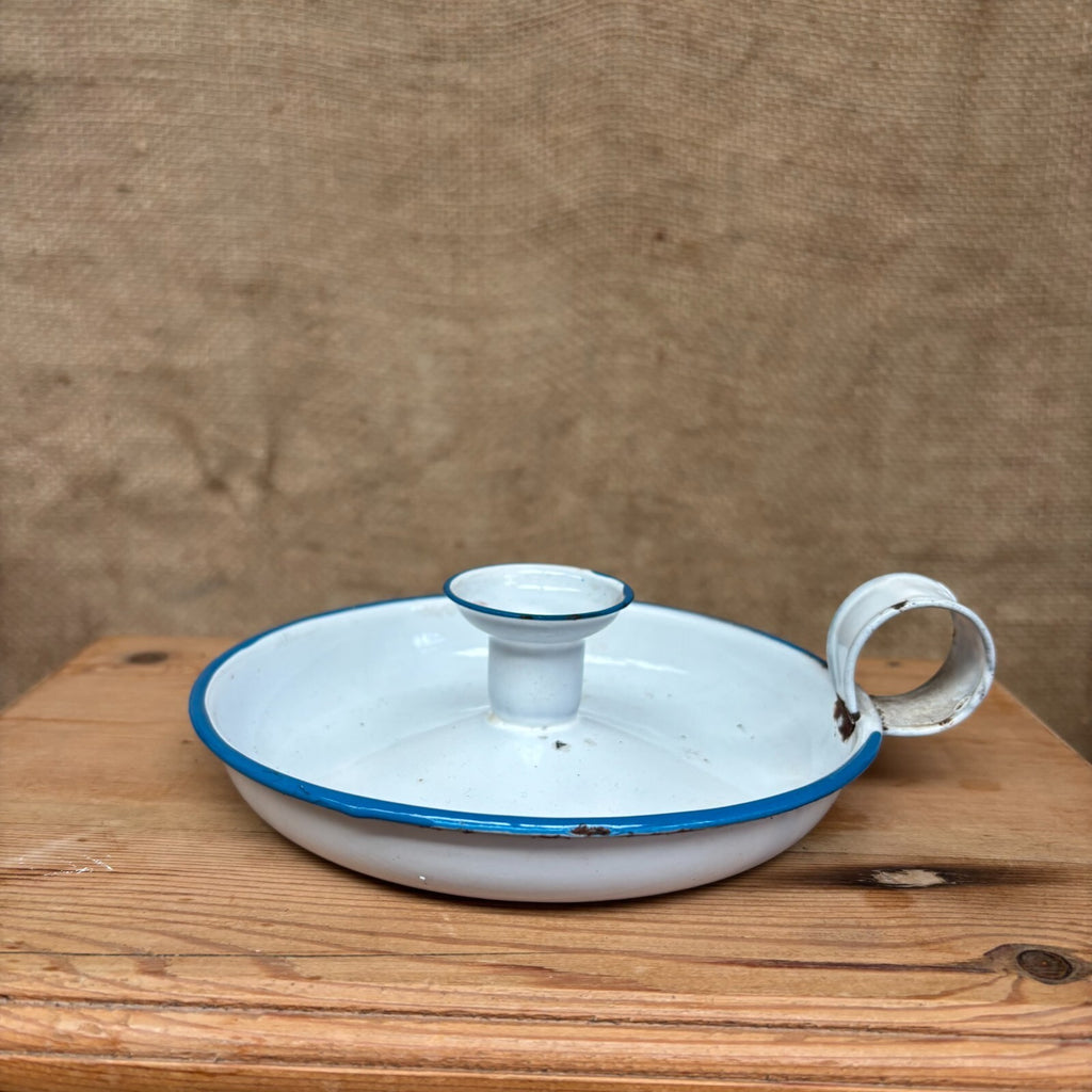 Vintage Enamel Candle Stick Holder - Blue and White - Farmhouse - Cottage