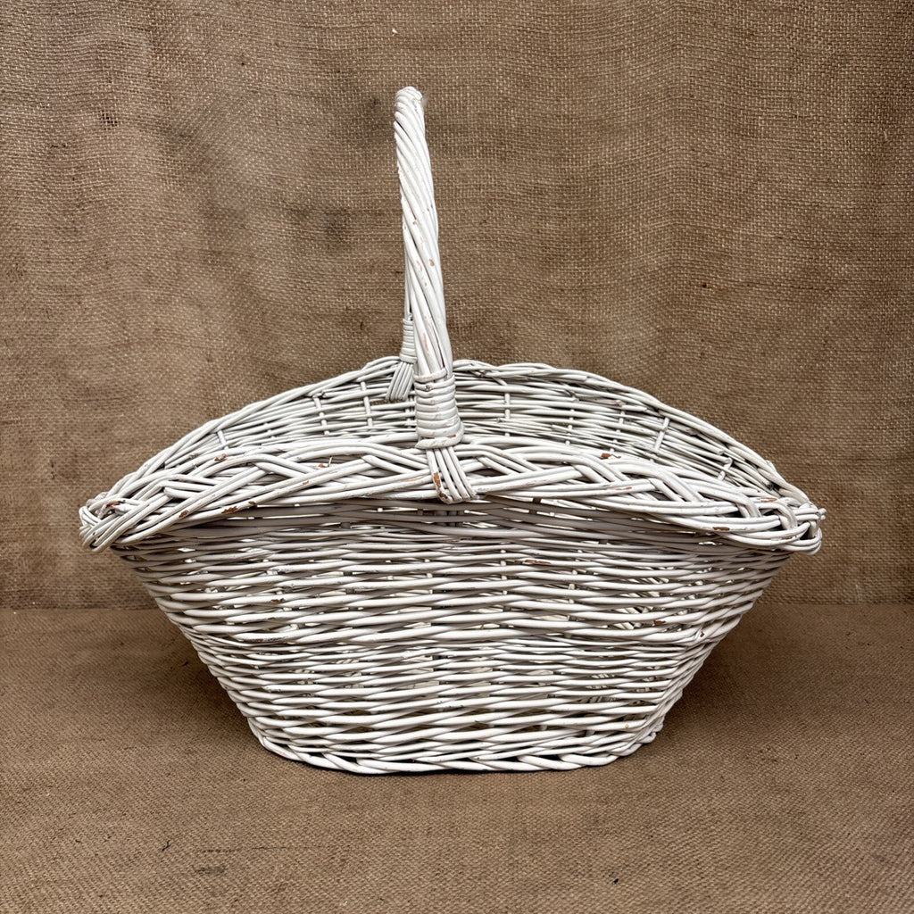 Vintage Wicker Flower Basket - Farmhouse - Cottage - Chippy White - Large