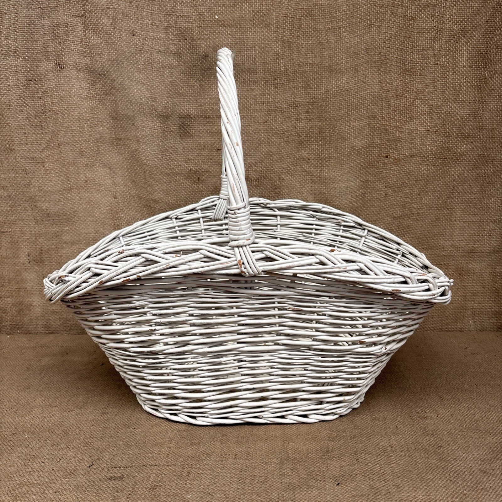 Vintage Wicker Flower Basket - Farmhouse - Cottage - Chippy White - Large