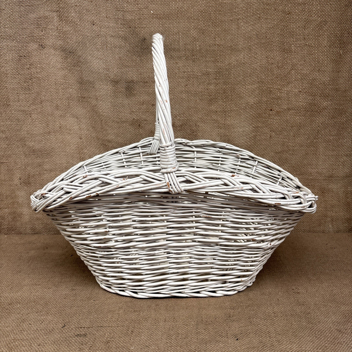 Vintage Wicker Flower Basket - Farmhouse - Cottage - Chippy White - Large