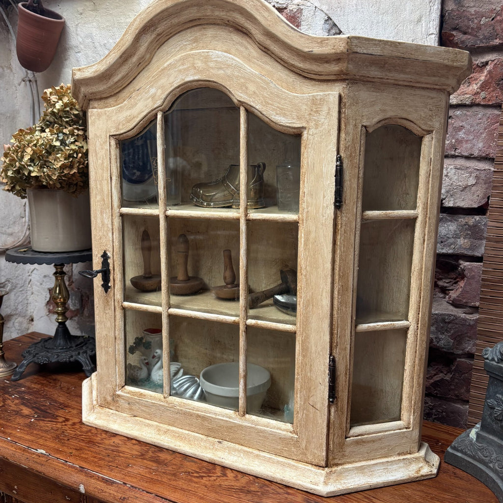 Painted Wooden Wall Display Cabinet Glazed Curio Cupboard Vintage
