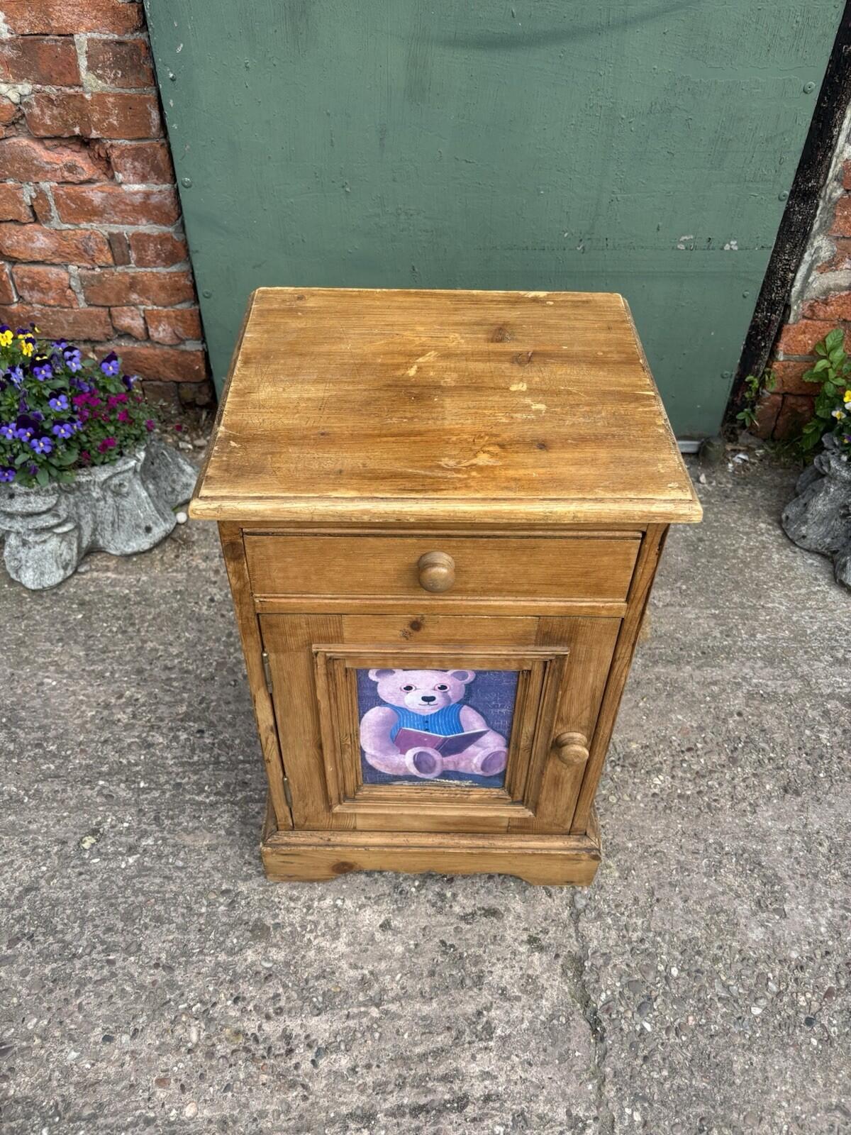 Vintage Pine Bedside Table - Kids - With Teddy Picture - Rustic - Farmhouse