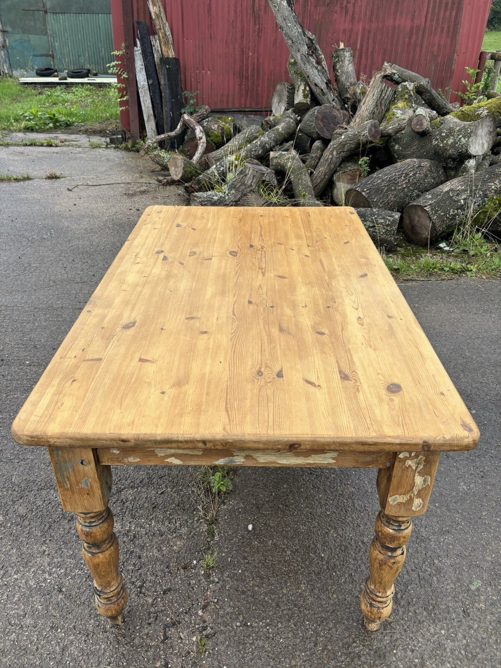 Pine Kitchen Table With Worn Painted Base - Farmhouse- Cottage 5ft