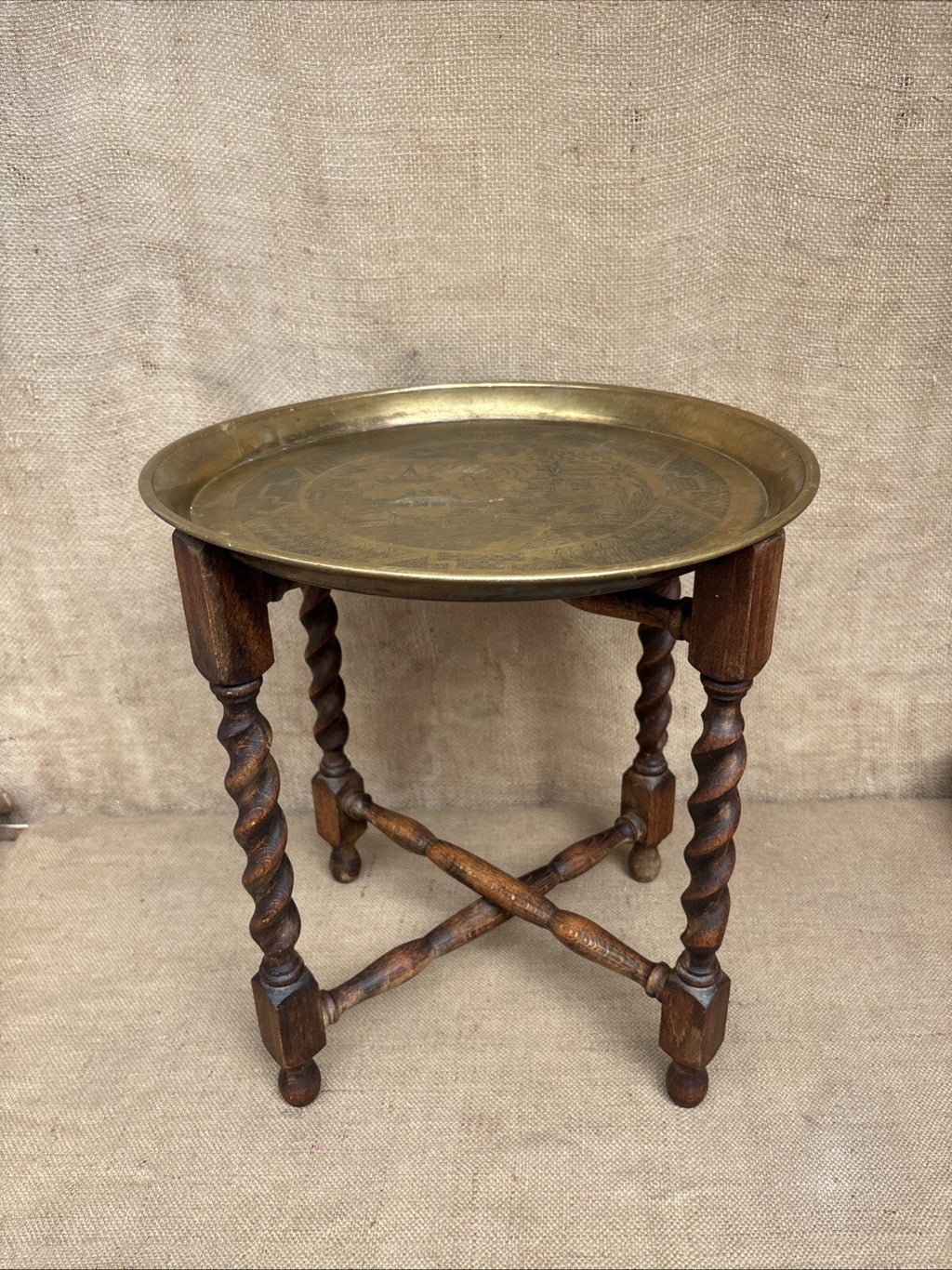 Vintage Barley Twist Folding Table With Brass Tray Top