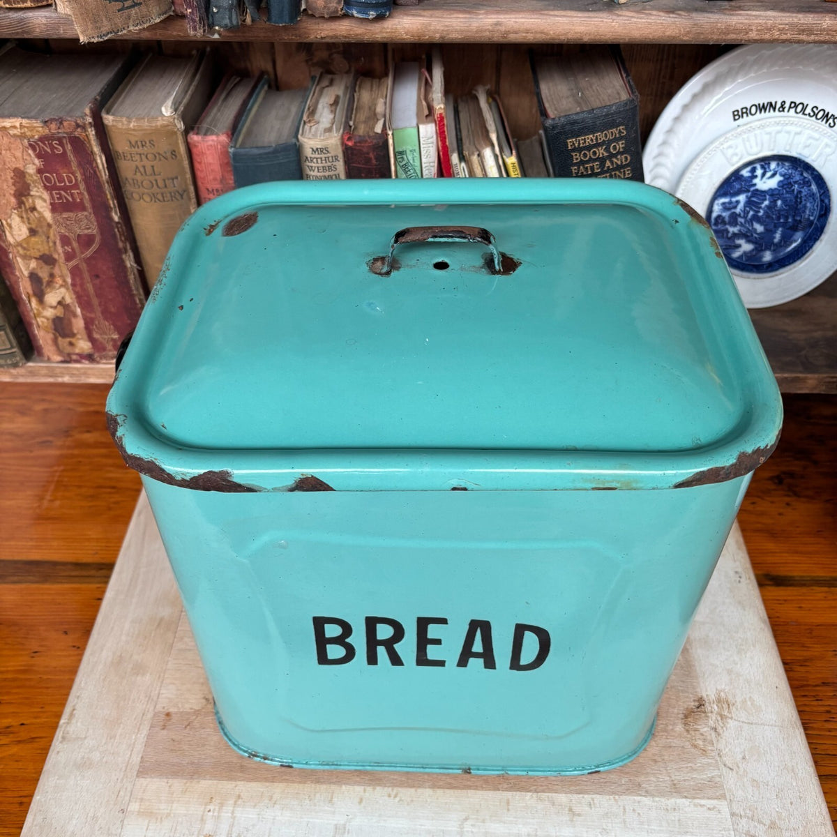 Vintage Enamel Sage Green Bread Bin - Farmhouse - Cottage - Rustic - Embossed