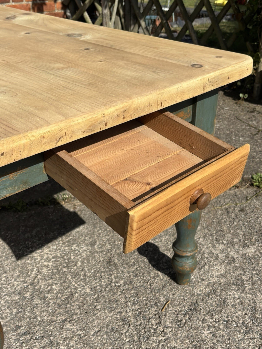 Pine Kitchen Table With Worn Painted Legs - Farmhouse - Cottage