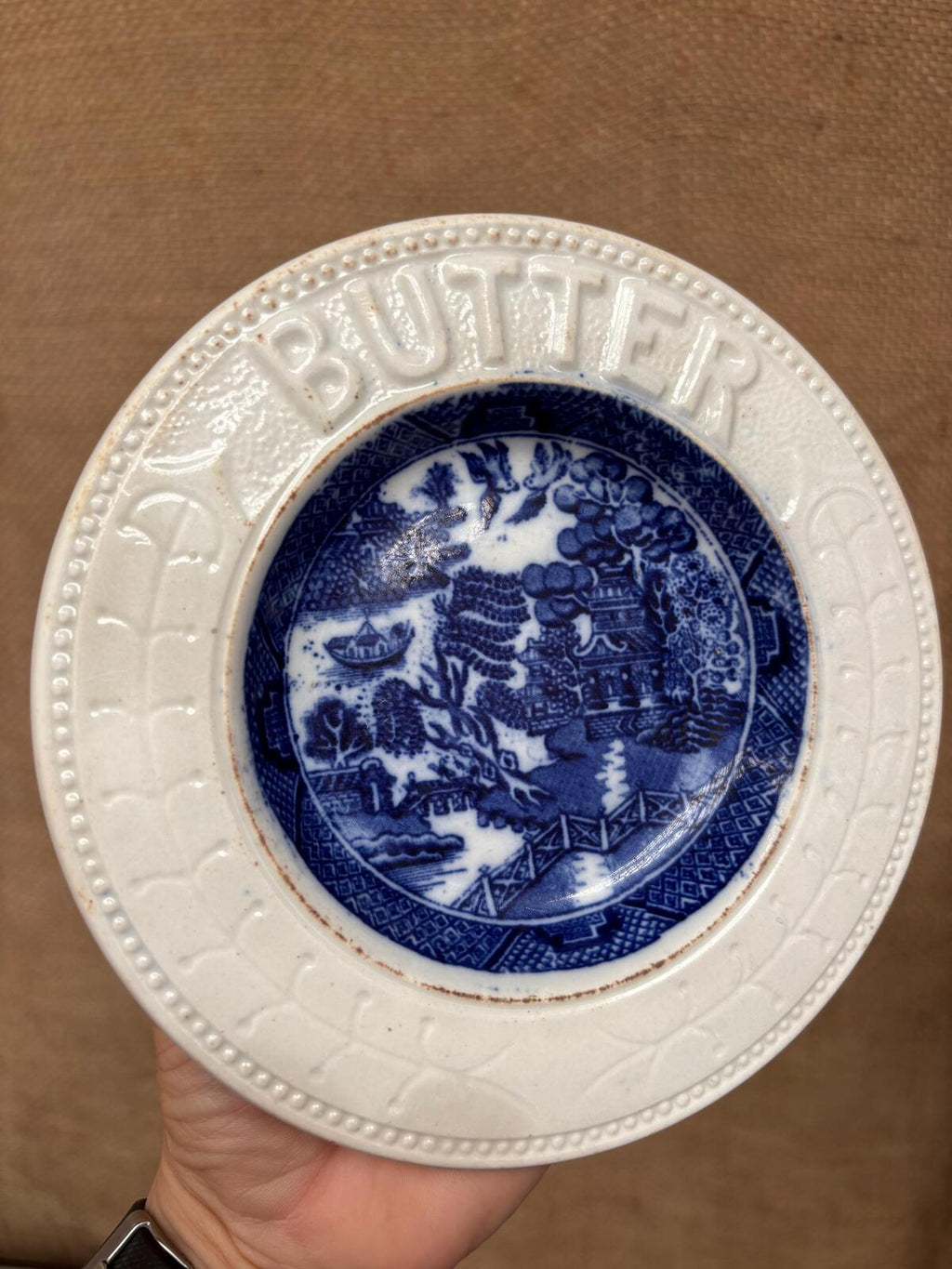 Antique Butter Plate - Ceramic - Willow Pattern - Blue and White - Kitchenalia
