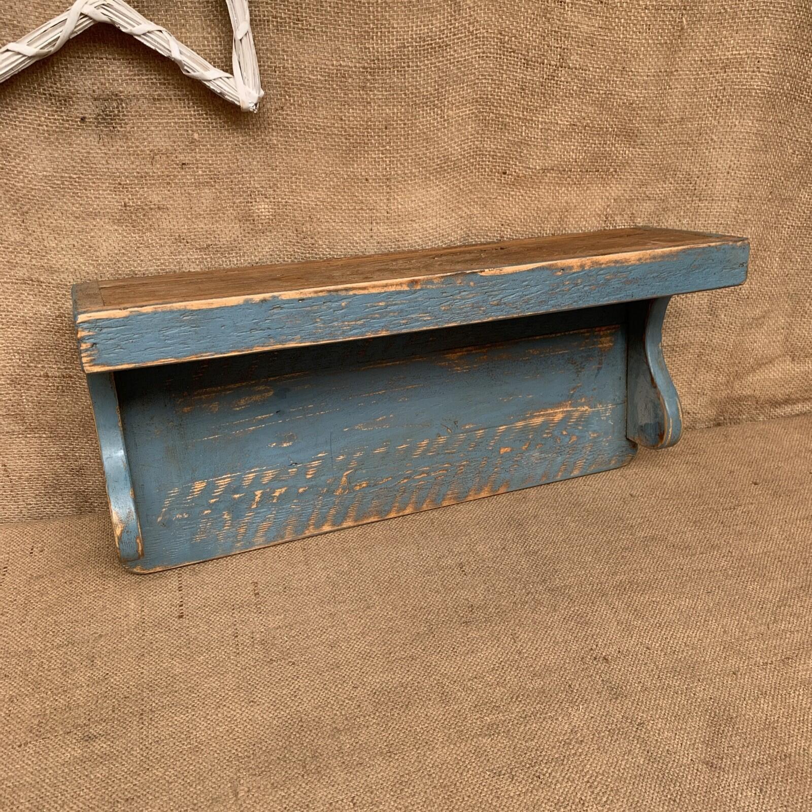 Rustic Pine Shelf - Worn Blue Paint - Free Standing Or Wall hanging