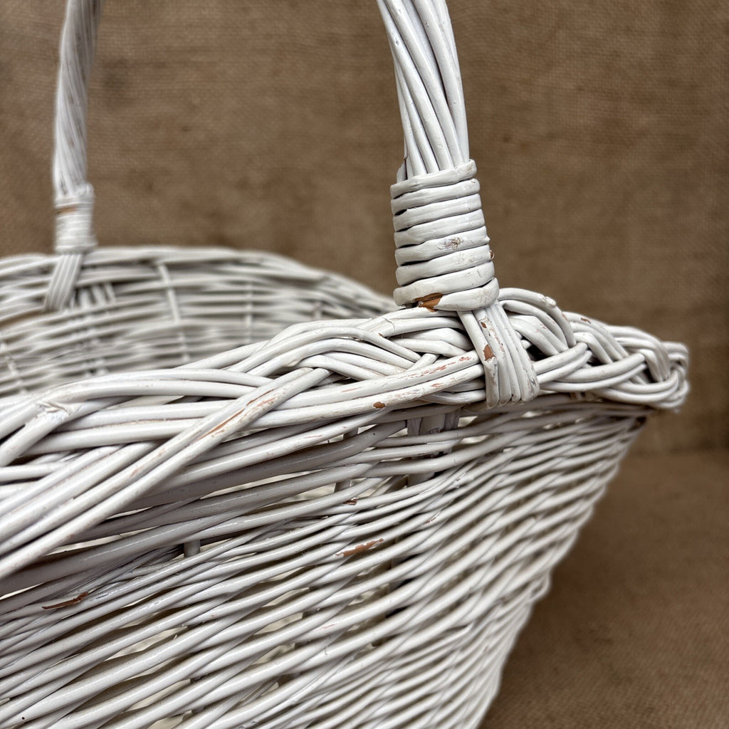 Vintage Wicker Flower Basket - Farmhouse - Cottage - Chippy White - Large