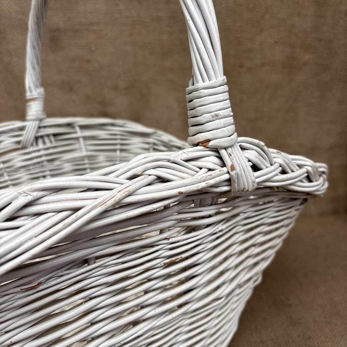 Vintage Wicker Flower Basket - Farmhouse - Cottage - Chippy White - Large