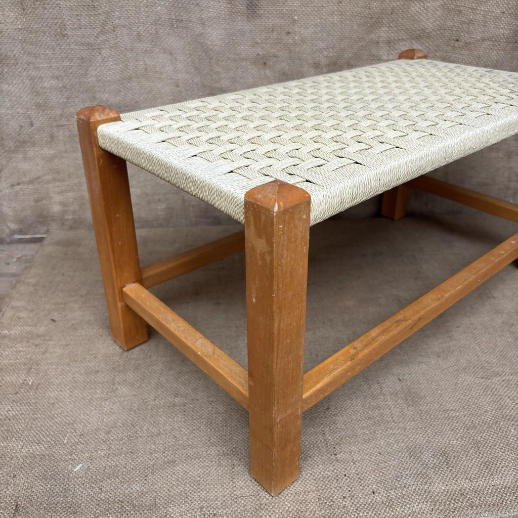 Vintage Wooden Long Stool - Woven Wicker Rope Seat Footstool FootRest 58x28x30cm