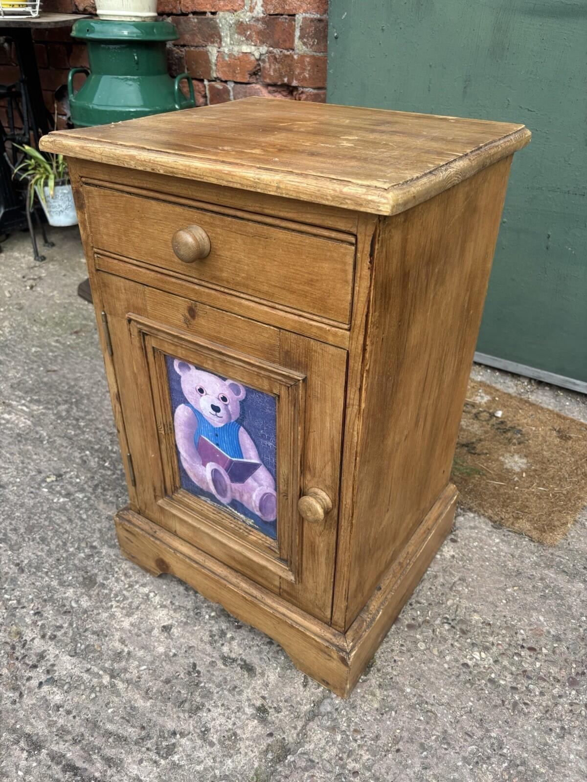 Vintage Pine Bedside Table - Kids - With Teddy Picture - Rustic - Farmhouse
