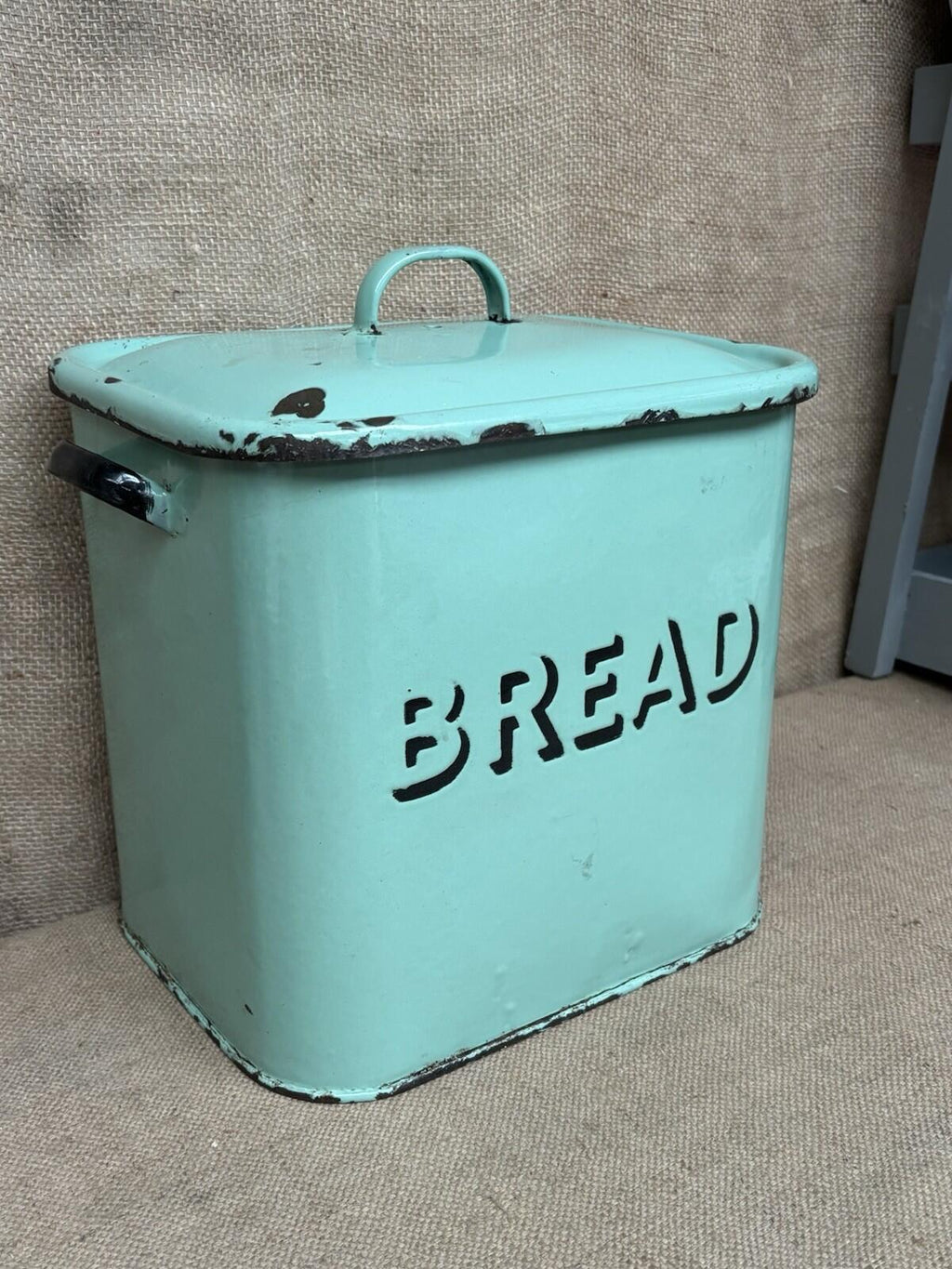 Vintage Enamel Sage Green Bread Bin - Farmhouse - Cottage - Rustic - Embossed